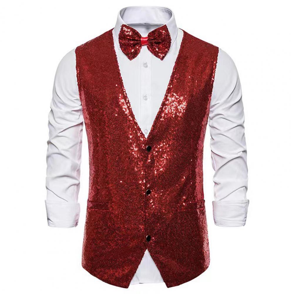 Formal Vest Waistcoat - Men Sequin Waistcoat Sleeveless Slim Fit