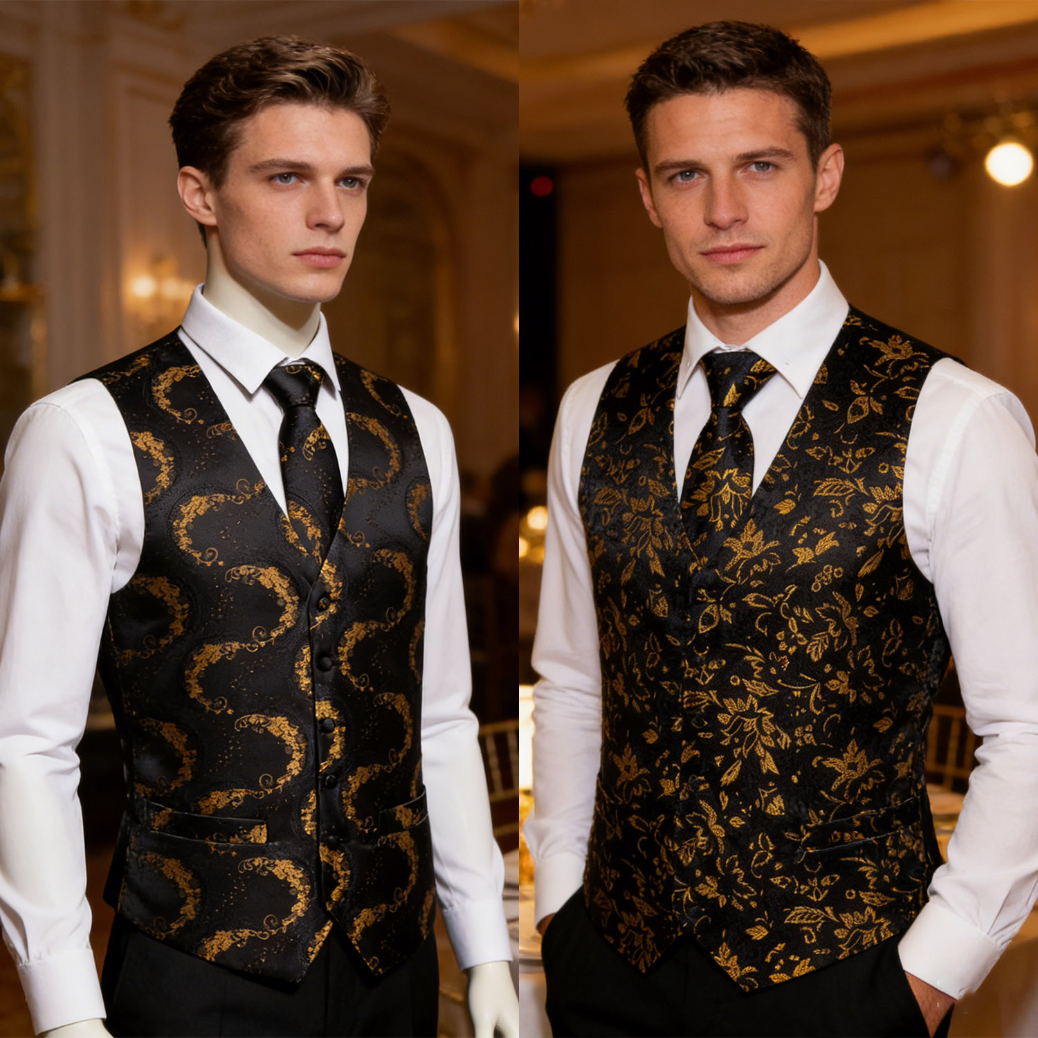 Men's Luxury Golden Black Flor - مراجعة Formal Vest Waistcoat وسعره