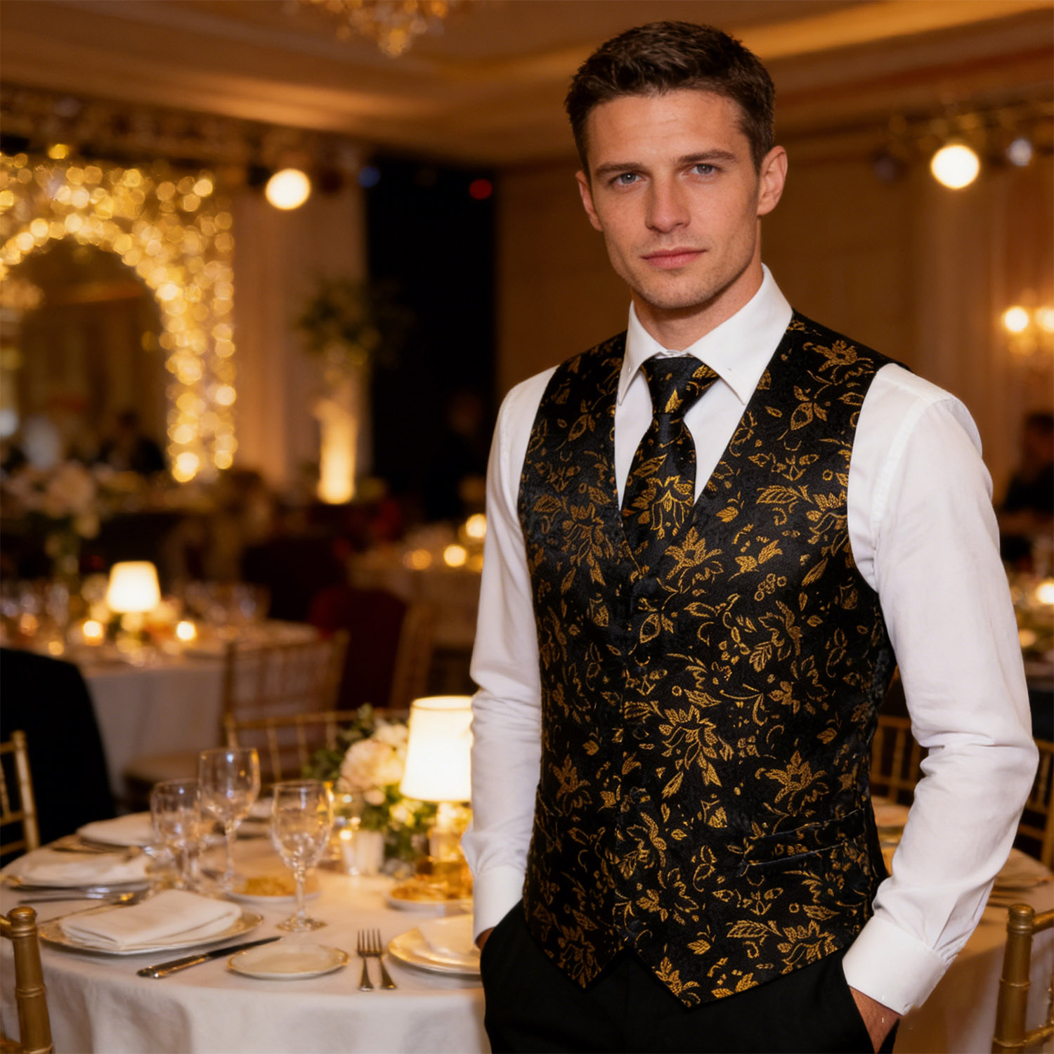 Men's Luxury Golden Black Flor - مراجعة Formal Vest Waistcoat وسعره